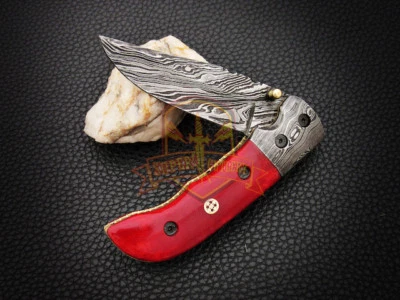 Сделанный на заказ дамасский складной нож красный костяной карманный нож мозаичная булавка - Изображение 1 из 4