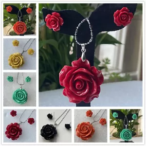Pendientes de pernos de 15 mm con cuentas de flores talladas en coral + conjunto de collar colgante de 35 mm - Imagen 1 de 13