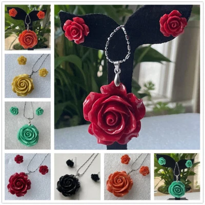 珊瑚雕刻花珠 15 毫米耳钉 + 35 毫米吊坠项链 18 件套 — 第 1/4 张图片