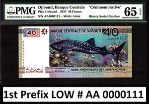 Dschibuti 40 Franken 2017 Gedenk NIEDRIGE Serie AA 0000111 EDELSTEIN UNC PMG 65 EPQ - Bild 1 von 2