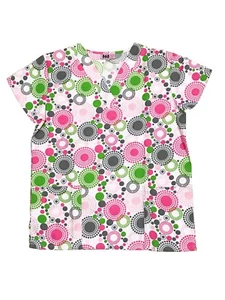 Womens Fashion Medical Nursing Scrub Tops Printed Green Pink Gray Dots S - Picture 1 of 2