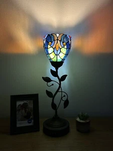 Tiffany Style Torch Table Lamp Blue Green Stained Glass 2 USB Port LED Bulb H20" - Picture 1 of 8