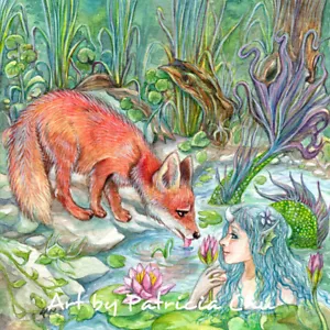 " Mermaid And Fox " 5x5 Limited Edition Print Mermaid Theme Art by Patricia - Foto 1 di 1