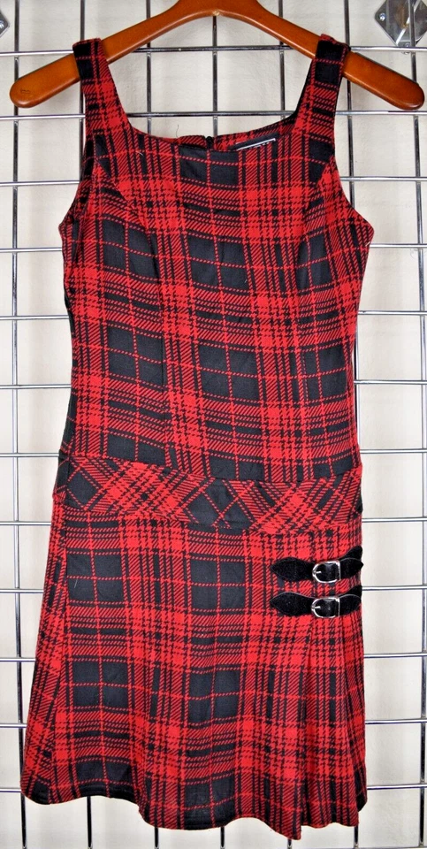 Vintage Dress City Triangles Size S/M 90s Red Black Plaid Buckles Awesome Grunge — 第 1/4 张图片