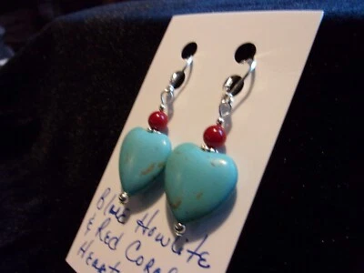 925 Blue Howlite Turquoise Hearts & Natural Red Coral Leverback Earrings - Image 1 of 4