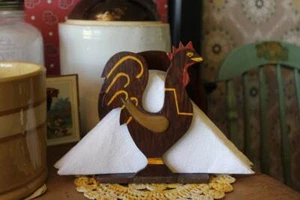 Kitschy Rooster Napkin Holder, Vintage Wooden Rooster Napkin Holder, Handmade - Picture 1 of 10