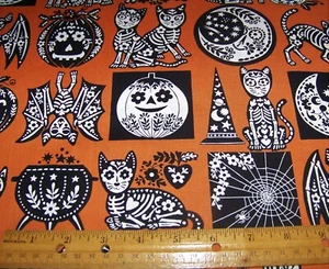 1 yard BLACK CALAVERA CATS BATS and MOONS on ORANGE 100% Cotton Fabric HALLOWEEN - Picture 1 of 1