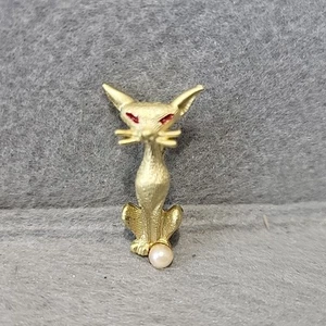 Vintage MCM Katze Brosche Kunstperlen rote Augen goldfarben sehr guter Zustand - Bild 1 von 7