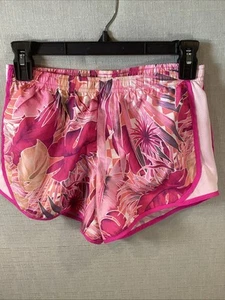 Nike Dri Fit Pink Floral Running Shorts Girls Size Large Spellout Workout - Picture 1 of 5