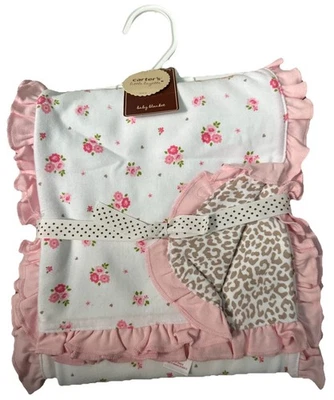 全新带标签 Carter's 粉色花卉/动物印花女宝宝褶皱接收毯 28"X34 — 第 1/4 张图片