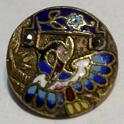 ANTIQUE BUTTON LARGE CHAMPLEVE ENAMEL BRASS EGYPTIAN CRANE BIRD W CUT STEEL - Image 1 of 4