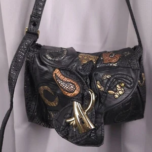 NAS Bag 80s Black Faux Frog Skin Patch Satchel Y2K Slouchy Grunge Retro Vtg - Picture 1 of 23