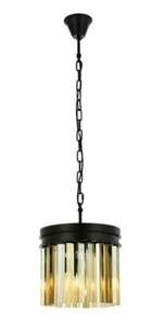 Matte Black with Golden Teak Crystal Pendant Chandelier 3 Light Fixture 12 inch - Picture 1 of 9