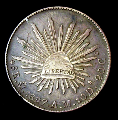 Mexico 1897 Mo AM 8 Reales Silver Coin Beautiful Original Toning - Image 1 of 2