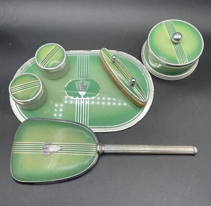 Art Deco 6 piece Green Stripe  Dresser Vanity Set - Picture 1 of 10