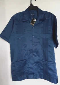 Camicia Guayabera Prima Linea Uomo Grande Blu Ricamata Matrimonio Messicano NUOVA - Foto 1 di 3