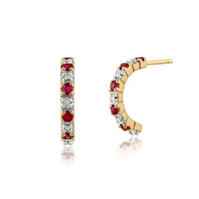 Classic Round Ruby & Diamond Half Hoop Style Earrings in 9ct Yellow Gold - Image 1 of 3