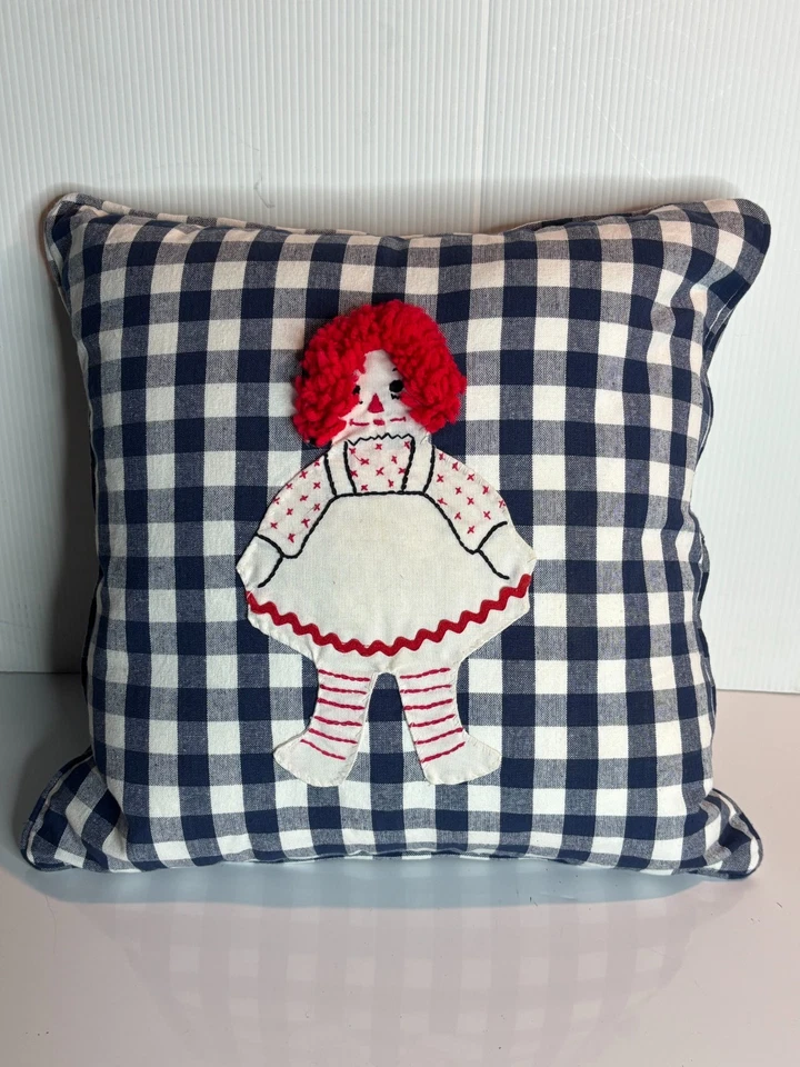 NEW Blue White Gingham Check Plaid Farmhouse Doll Throw Pillow Raggedy Ann 18x18 - Image 1 of 4
