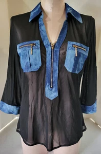 LA. FESTA Damen transparent 1/3 Reißverschluss vorne schwarz & blau Jeansbesatz Größe Small - Bild 1 von 10