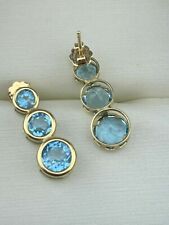 Solid 14K Yellow Gold Over with 3 solitaire Swiss Blue Topaz Dangle Earrings 