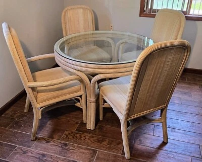 Vintage Rattan 5-Piece Dining Table Set w/ Glass Top + 4 High-Back Chairs - Image 1 of 4