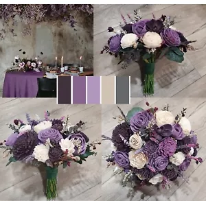 Plum Bridal Bouquet Sola Wood Purple Wedding Flowers Bridesmaid Cream Wildflower - Picture 1 of 26