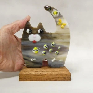Cute Kitty Fused Art Glass On A Mahogany Wood Base OOAK O'Dare - Picture 1 of 3