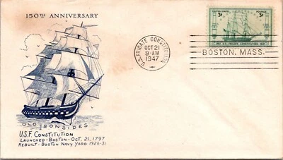 US Frigate Const. 1947 FDC 150th Anniv - Grimsland Cachet - Boston, Ma - F66035 - Image 1 of 2