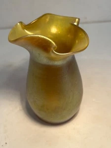 Loetz gold iridescent glass vase ruffled edge wide flaring lip 5.5” silberiris - Picture 1 of 7