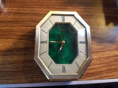 Seiko Quartz desk or table Alarm Clock, dark green face, hexagonal dial, QEJ196M - Image 1 of 4