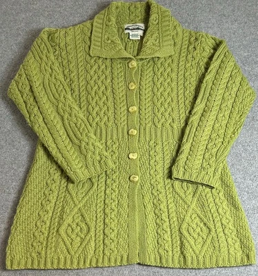 Aran Crafts Cardigan Women's Large Green Merino Wool Cable Knit Button Ireland - Image 1 of 4