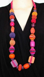 Chico's Color Burst Seed Wood Acrylic Beaded Globe Ethnic Tribal 42" Necklace - Picture 1 of 9