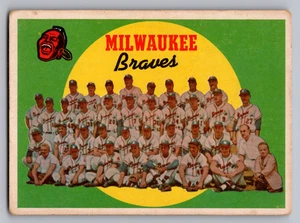 1959 TOPPS #419 MILWAUKEE BRAVES TEAM CARD W/AARON/MATHEWS/SPAHN UNMARKED - Picture 1 of 3
