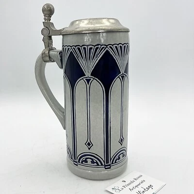 Boccale da birra in ceramica tedesco vintage con coperchio in peltro bicchiere 3 - Immagine 1 di 4