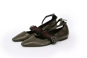 NWOB $1395 Brunello Cucinelli Metallic Hammered Leather Ankle Strap Flats A191 - Picture 1 of 8