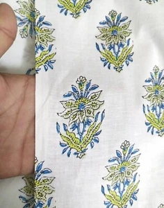 Indian Green Floral Hand Block Print Running Cotton Voile Fabric By The Yard #34 - Picture 1 of 5