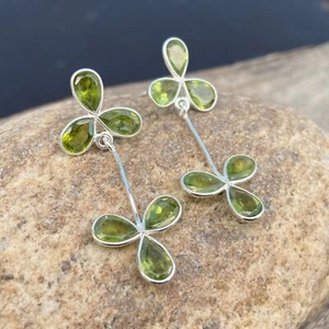 925 Sterling Silver Peridot Long Teardrop Dangler Handmade Women Green Earring - Picture 1 of 5