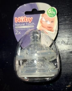NUBY Natural Touch BOTTLE NIPPLES with Storage Case Fast Flow 6+ months 2 Pack - Picture 1 of 3