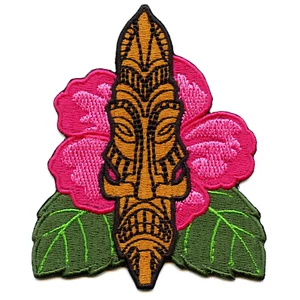 Tiki Hibiscus Pacific Islander Patch Hawaii Flower Embroidered Iron On - Picture 1 of 2