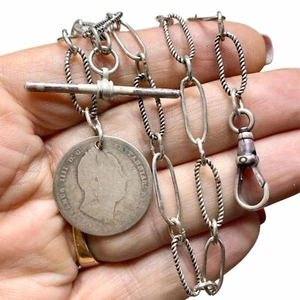 LUX Antique Handmade Sterling Watch Chain Necklace, Shilling Coin, 19” - Picture 1 of 5