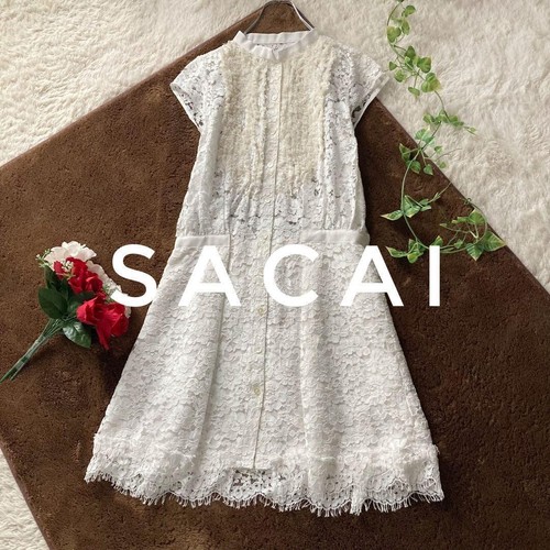 Abito camicia SACAI tutto pizzo con volant lunghezza ginocchio colletto rialzato bianco così