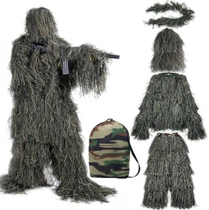 5 in 1 Ghillie Suit 3D Camouflage Hunting Apparel Jacket Hood Carry Bag Pants Me - Picture 1 of 15