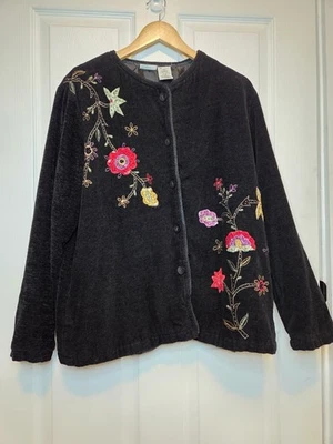 Chaqueta Cárdigan Blanco Ciervo Chenille Negro Floral Bordado L Artístico Cottagecore Foto 1 de 4
