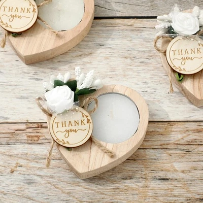 50Pcs Wooden Tealight Set Heart Candle Holder with Faux Flower Thank You Tag ... - Image 1 of 4