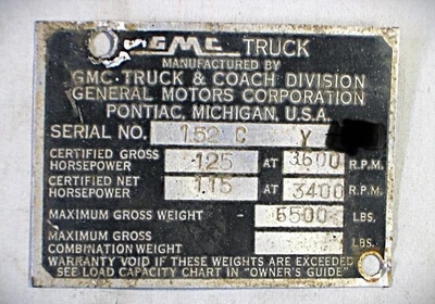 1955 1956 GMC правильный будет также соответствовать 1957 1958 1959 GMC vin табличка с данными  - Изображение 1 из 3