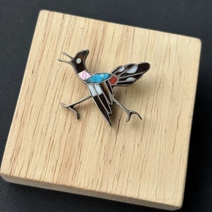 "Broche de pájaro de plata esterlina firmado por Zuni de colección con incrustación de concha de coral turquesa 1,5""" - Imagen 1 de 5