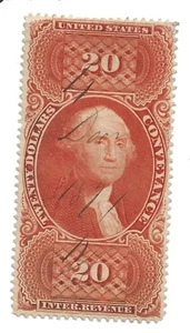U S Stamps silk paper revenue Scott R98d twenty dollars conveyance cv 175.00 B - Picture 1 of 2