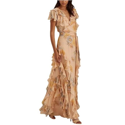 Lauren Ralph Lauren Floral Crinkled Georgette Gown Dusty Beige 16 Fairy Coquette - Image 1 of 4