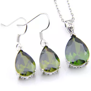 Teardrop Jewelry Set Green Topaz Gemstone Silver Dangle Earrings Pendants - Picture 1 of 10