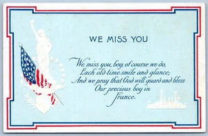 Postal We Miss You Soldier Boy In France AEF WWI Flag Acorazado Militar C78 - Imagen 1 de 2